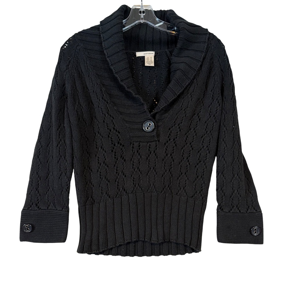DKNY Jeans Black Pointelle Shawl Collar Button Henley Sweater •M• Layering Goth